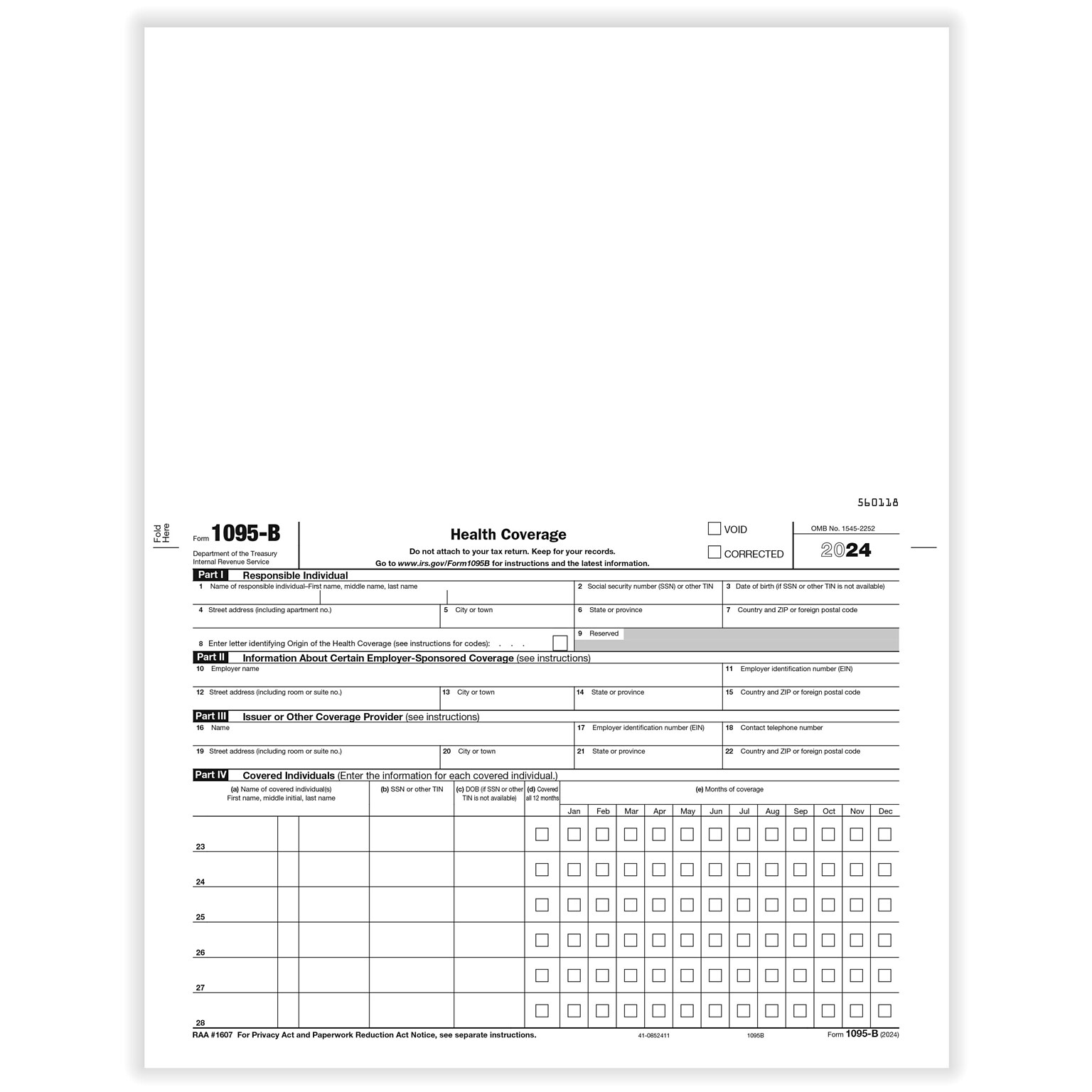 ComplyRight 2024 1095-B Tax Form, 1-Part, White/Black, 500/Pack (1095B500)