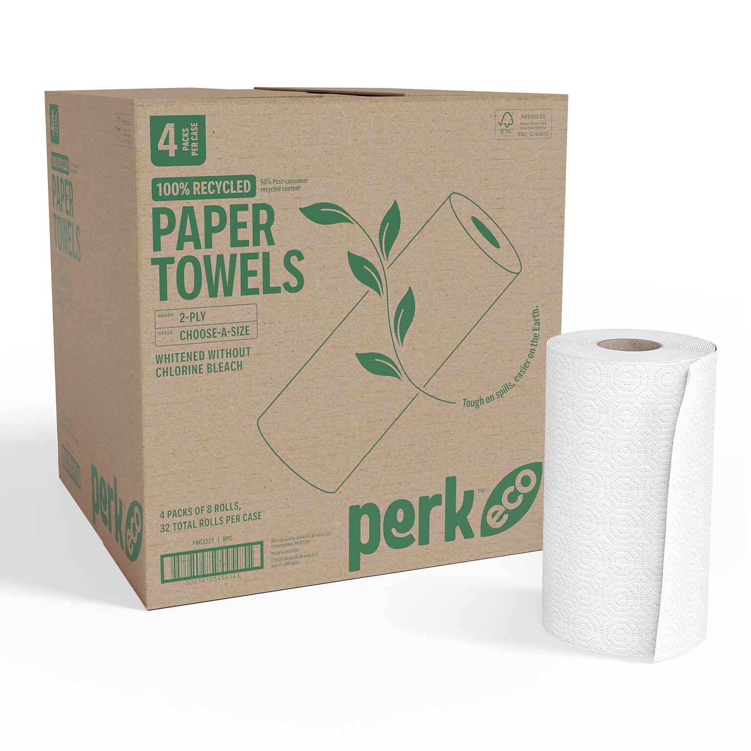 Perk™ Eco Recycled Paper Towels, 2-ply, 156 Sheets/Roll, 32 Rolls/Pack (PK63227CT)