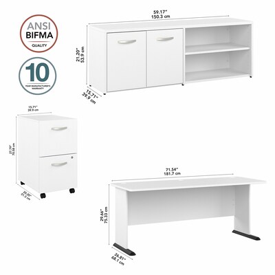 Bush Business Furniture Studio A 72"W Computer Desk with File Cabinet and Storage Cabinet, White (STA007WHSU)