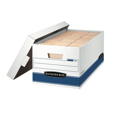 Bankers Box Medium-Duty FastFold Corrugated File Storage Boxes, Lift-Off Lid, Letter Size, White/Blue, 12/Carton (00701)