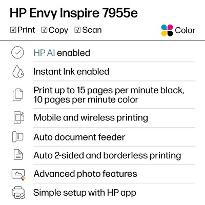 HP Envy Inspire ENVY 7955e Wireless Color Inkjet Printer, All-In-One, Print, Scan, Copy (1W2Y8A#B1H)