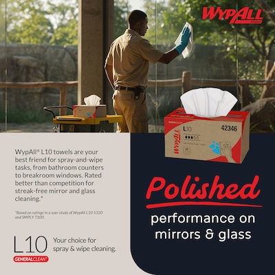 WypAll GeneralClean L10 Fabric Cleaning Wipers, 10.25" x 9", White, 250 Wipers/Box (42346)