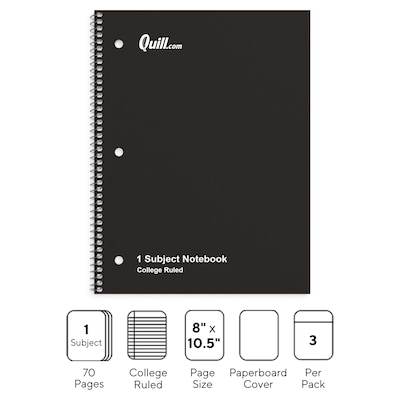 Quill Brand® 1-Subject Notebook, 8" x 10.5", College Ruled, 70 Sheets, Black, 3/Pack (TR58373)