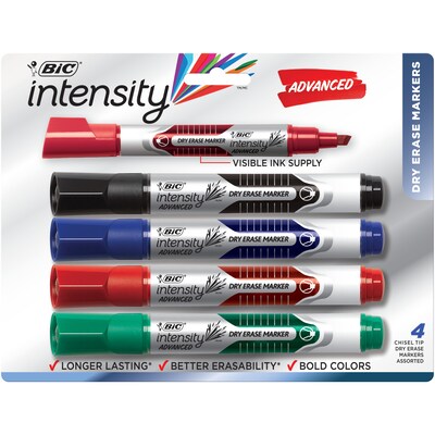 BIC Intensity Advanced Tank Dry Erase Markers, Chisel Tip, Assorted Colors, 4/Pack (GELITP41-AST)