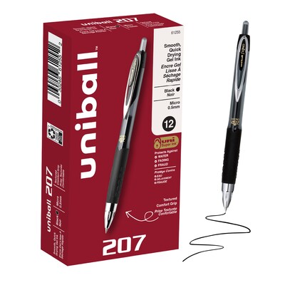 uniball 207 Retractable Gel Pens, Micro Point, 0.5mm, Black Ink, Dozen (61255)