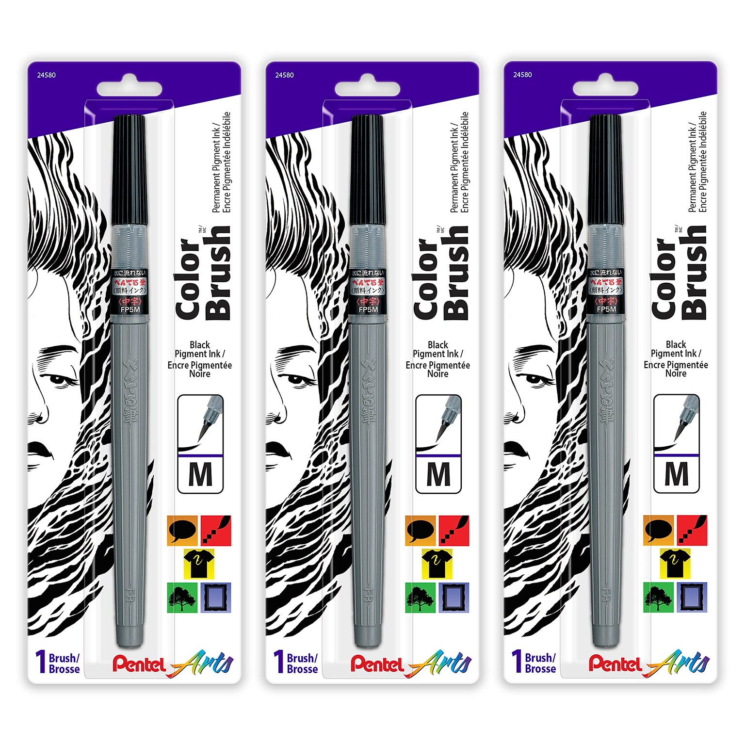 Pentel Arts Color Brush with Pigment Ink, Medium Tip, Black, 3/Pack (PTAFP5MBPA-3)