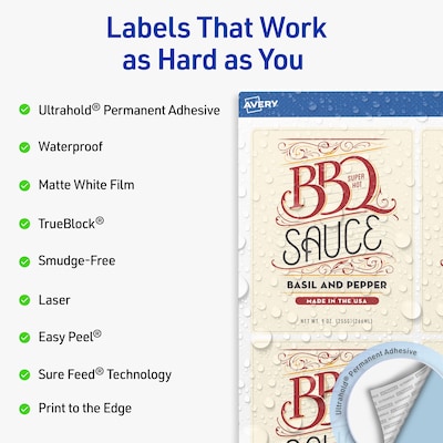 Avery Waterproof Rectangle Laser Multipurpose Labels, 4.75 x 3.75, White, 100/Pack (19479399357)