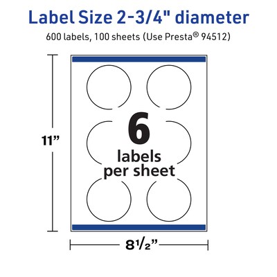 Avery TrueBlock Laser/Inkjet Circle Multipurpose Labels, 2.75" Dia., White, 600/Box (94512)
