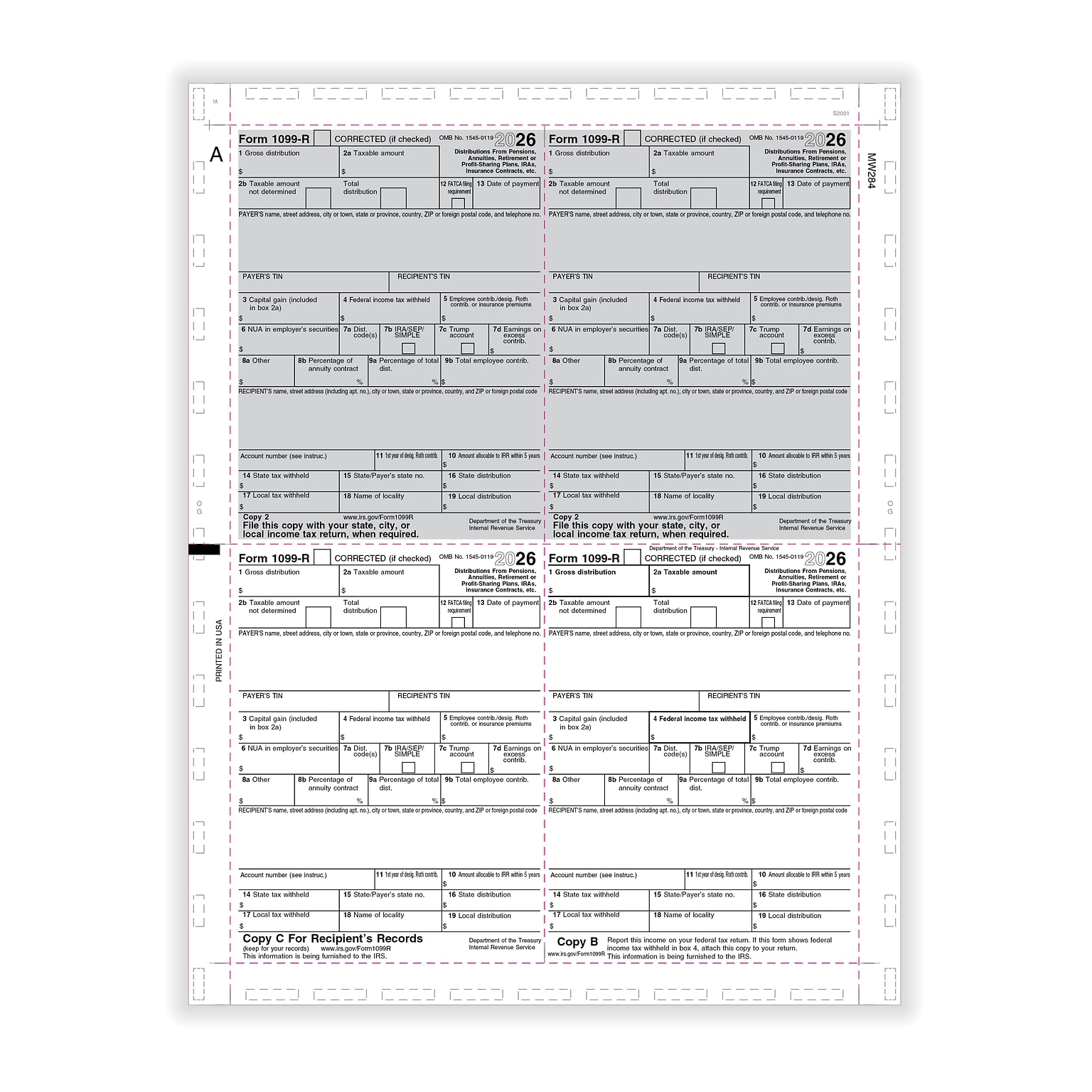 ComplyRight 2026 1099-R Tax Form, Copy B, C, 2, 2, 4-Up Box, 500/Pack (5177B)