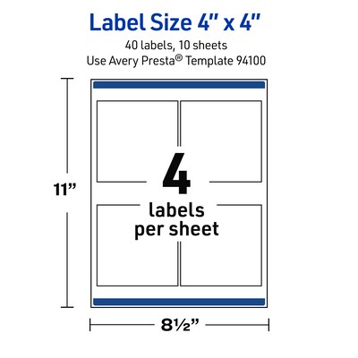 Avery Waterproof Square Laser Multipurpose Labels, 4" x 4", White, 40/Pack (19479399456)