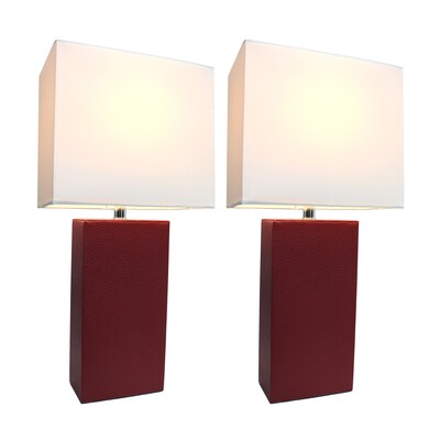 Lalia Home Lexington 21 2-Pack Leather Base Modern Bedside Table Lamp Set, White Fabric Shade, Red