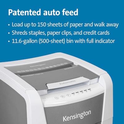 Kensington OfficeAssist Auto Feed Shredder A1500-HS Anti-Jam Micro Cut, White/Gray (K52050AM)