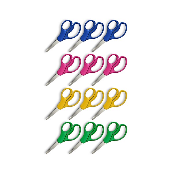 Staples Teacher Pack 5 Kids Pointed Tip Stainless Steel Scissors, Straight Handle, Right & Left Handed, 12/Pack (TR55057)
