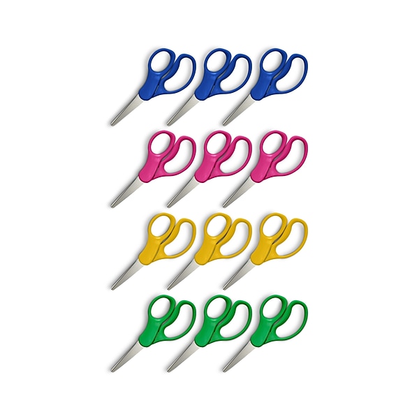 Staples Teacher Pack 5 Kids Pointed Tip Stainless Steel Scissors, Straight Handle, Right & Left Handed, 12/Pack (TR55057)