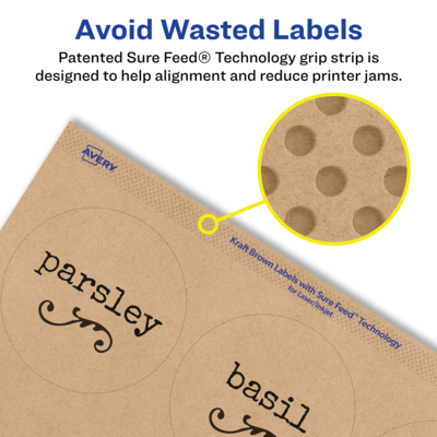Avery Laser/Inkjet Round Multipurpose Labels, 2.5" Dia., Kraft Brown, 9 Labels/Sheet, 50 Sheets/Pack (94502-KMP50)