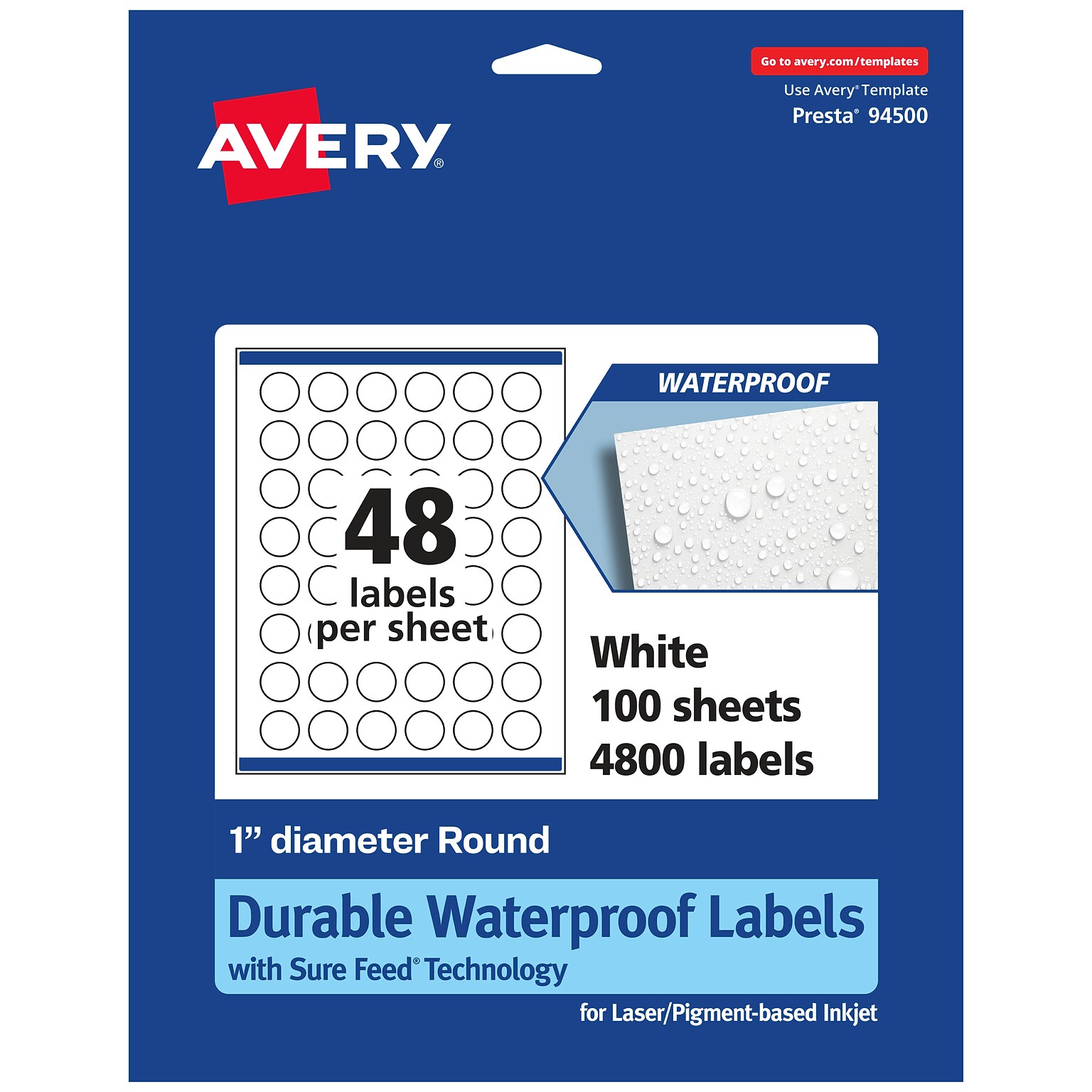 Avery Laser/Inkjet Circle  Waterproof Multipurpose Labels, 1  Dia, White, 4800/Box (94500)