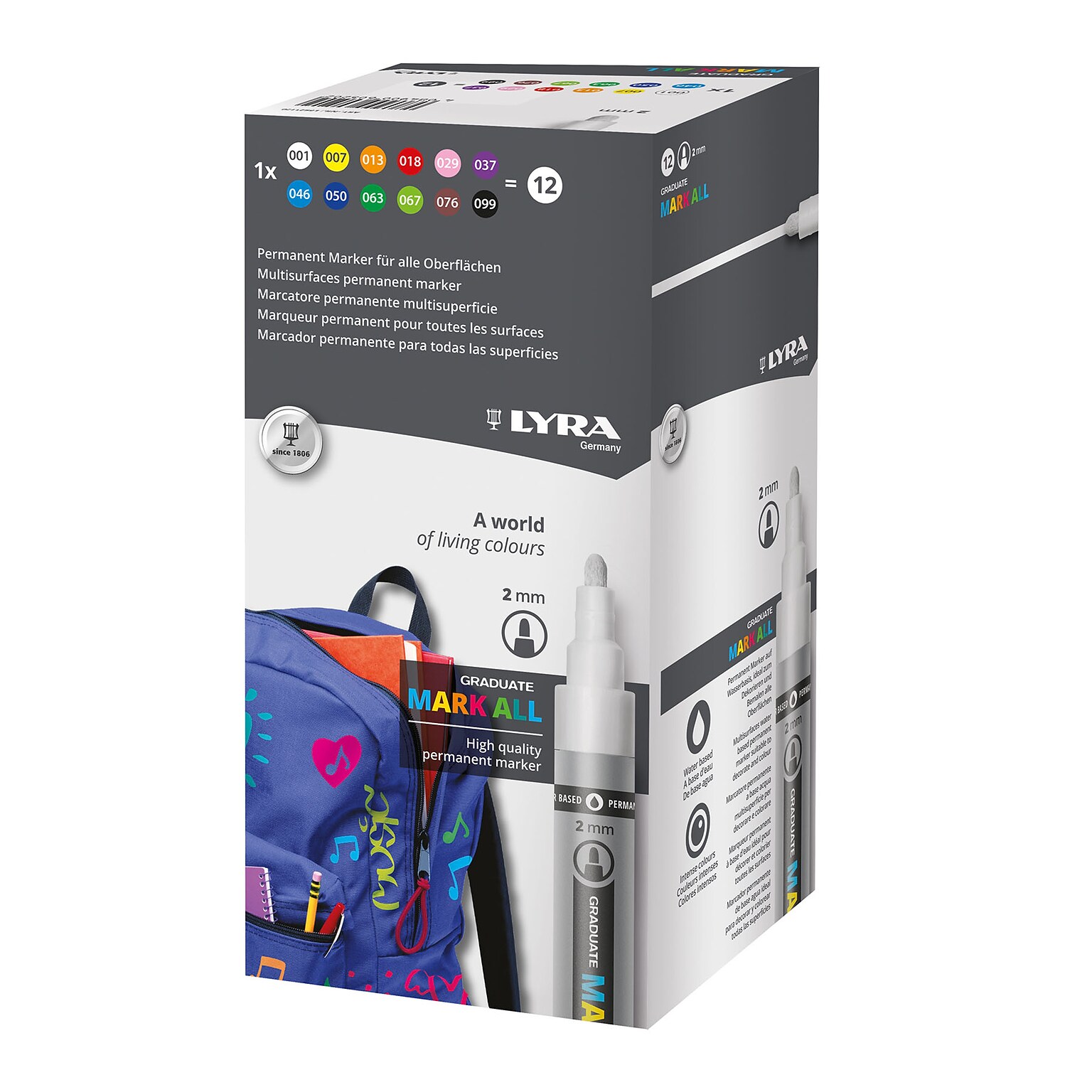 Lyra Graduate Mark All Water-Based Marker, Assorted Colors, 2mm Medium Tip, 12/Pack (LYXL6821120)