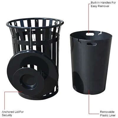 Global Industrial Outdoor Slatted Steel Trash Can w/ Ashtray Lid, 36 Gallon, Black (641632BK)