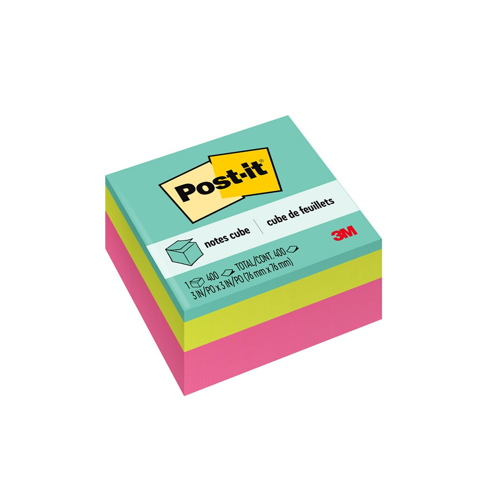 Post-it® Notes, 3 x 3,  Assorted Colors, 400 Sheets/Pad, 1 Pad/Pack (2027)