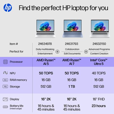 HP OmniBook 5 16" 2K Laptop, CoPilot+ PC, AMD Ryzen AI 7 350, 16GB RAM, 1TB SSD, +16.75 hours battery, Windows 11 Home