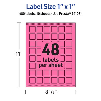 Avery Laser/Inkjet Square Multipurpose Labels, 1" x 1", Bright Pink, 480/Pack (94103)