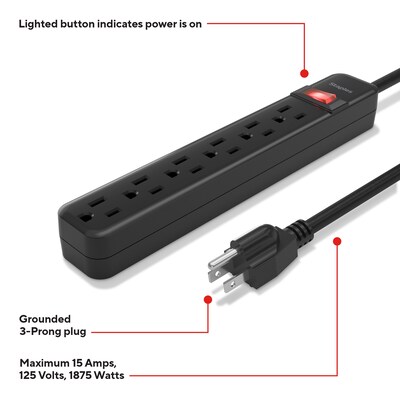 Staples TECH 6-Outlet Power Strip, 3' Cord, Black (22148)
