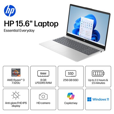 HP 15.6 FHD Laptop, AMD Ryzen 3 7320U, 8GB RAM, 256GB SSD, +11 Hour Battery, Windows 11 Home