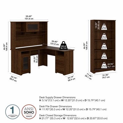 Bush Furniture Cabot 60"W L Shaped Computer Desk with Hutch and 5 Shelf Bookcase, Modern Walnut (CAB011MW)