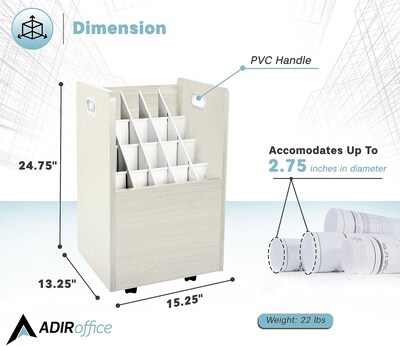 AdirOffice 20-Slot Mobile Roll File, 24.75"H x 15.25"W x 13.25"D, White (624-WHI)