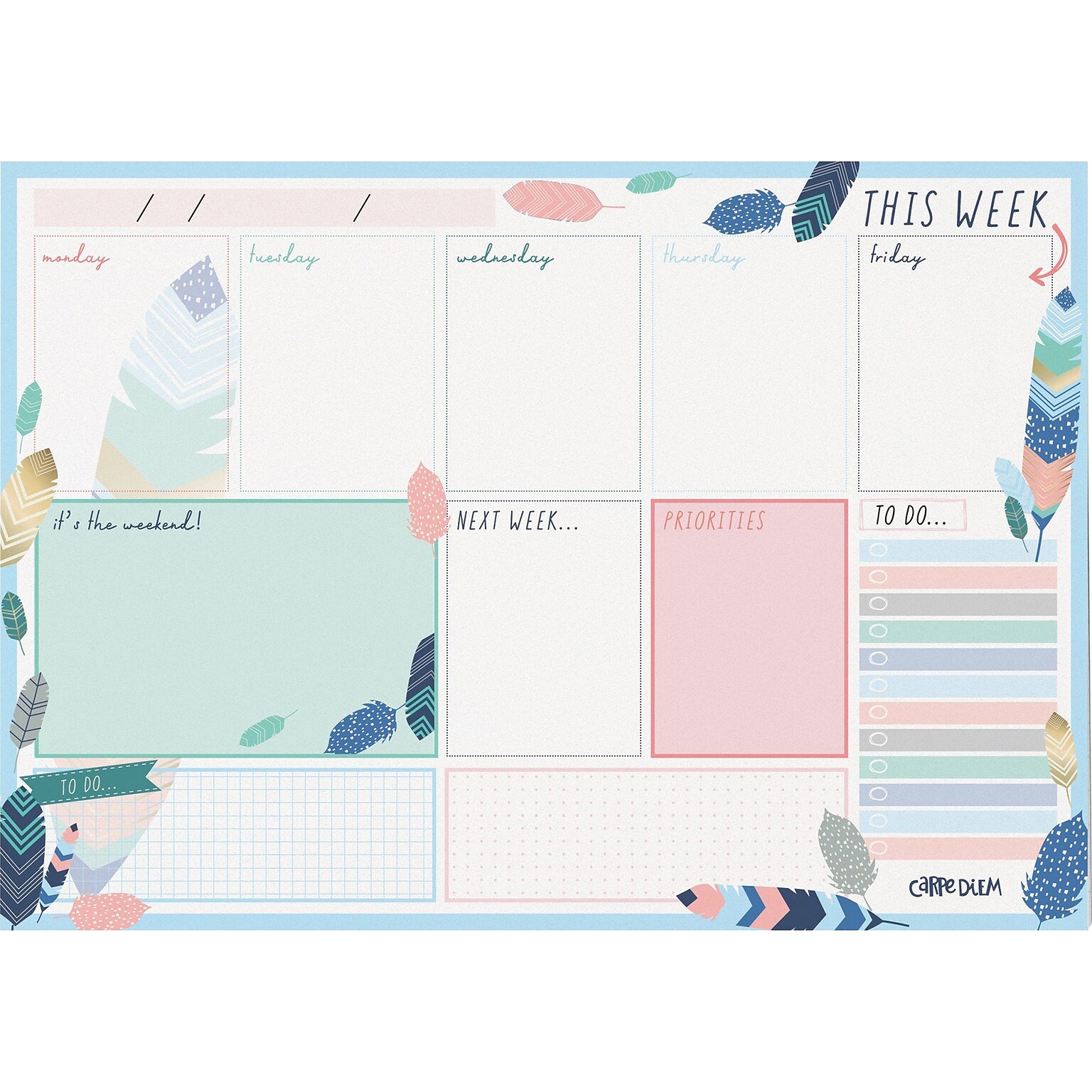 Carpe Diem Feathers 8.3 x 11.7 Weekly Planner, Multicolor, 6/Pack (9219-CD)