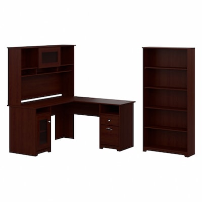 Bush Furniture Cabot 60W L Shaped Computer Desk with Hutch and 5 Shelf Bookcase, Harvest Cherry (CA