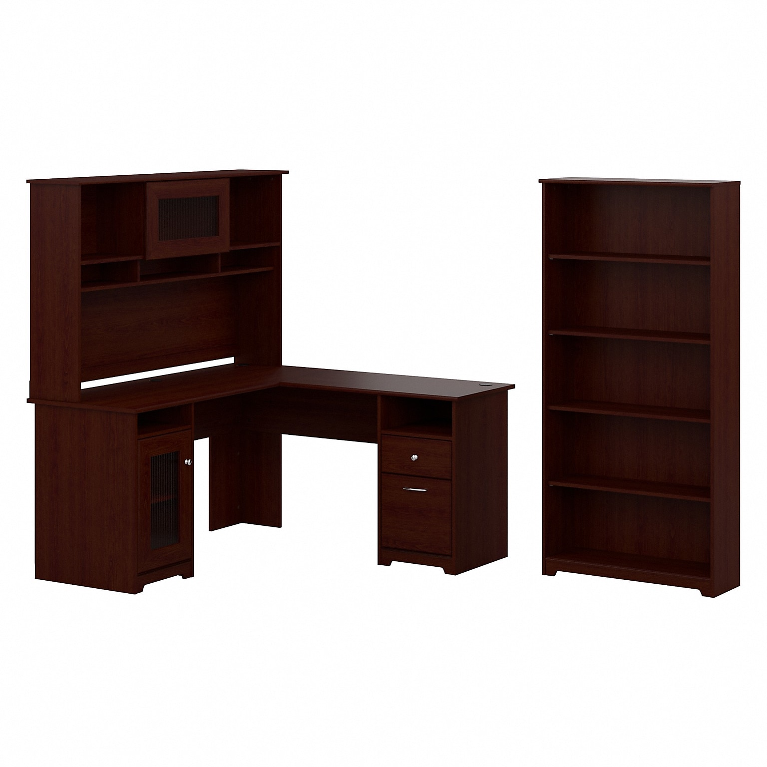 Bush Furniture Cabot 60W L Shaped Computer Desk with Hutch and 5 Shelf Bookcase, Harvest Cherry (CAB011HVC)