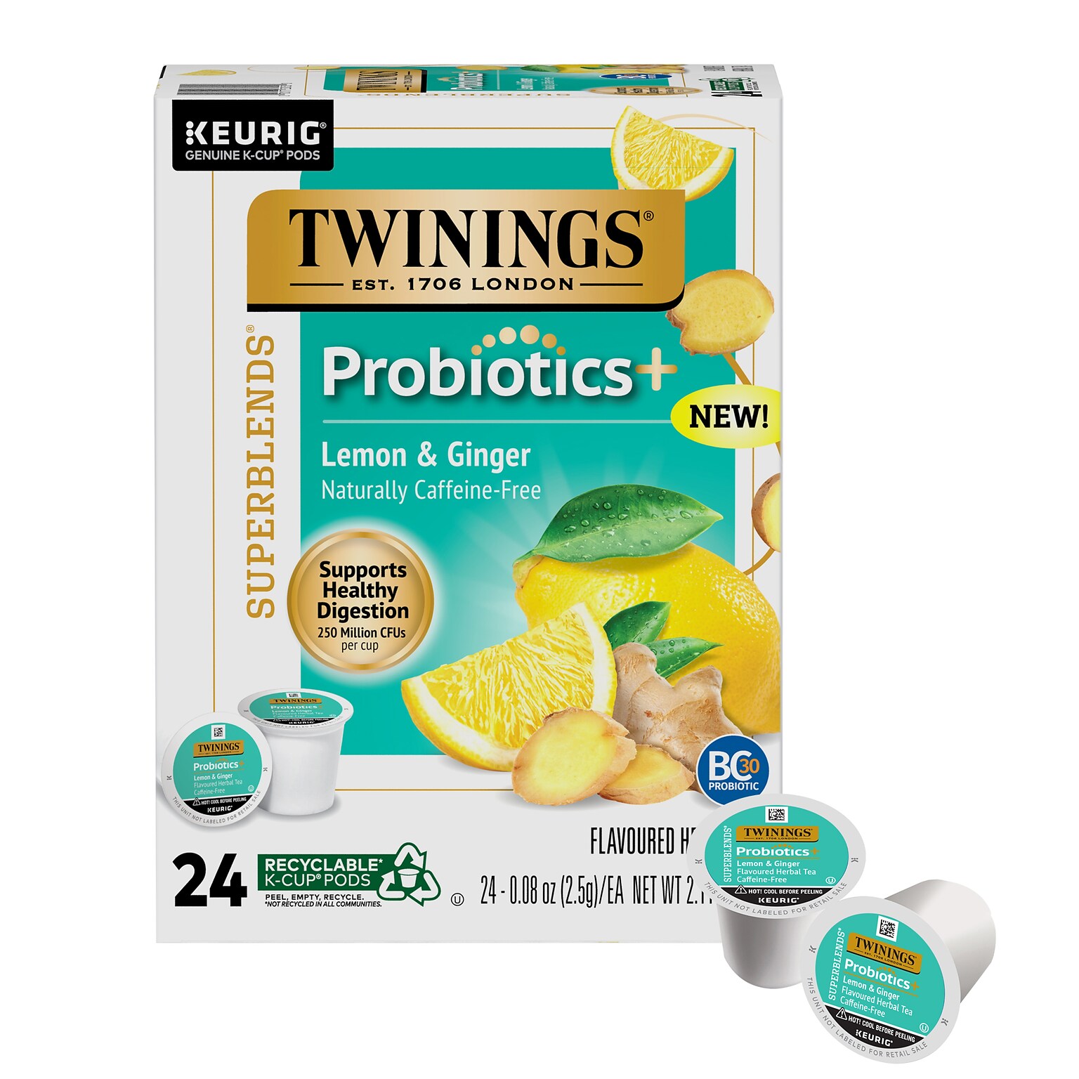 Twinings Probiotics+ Herbal Lemon & Ginger Tea, Keurig® K-Cup® Pods, 24/Box (F16930)