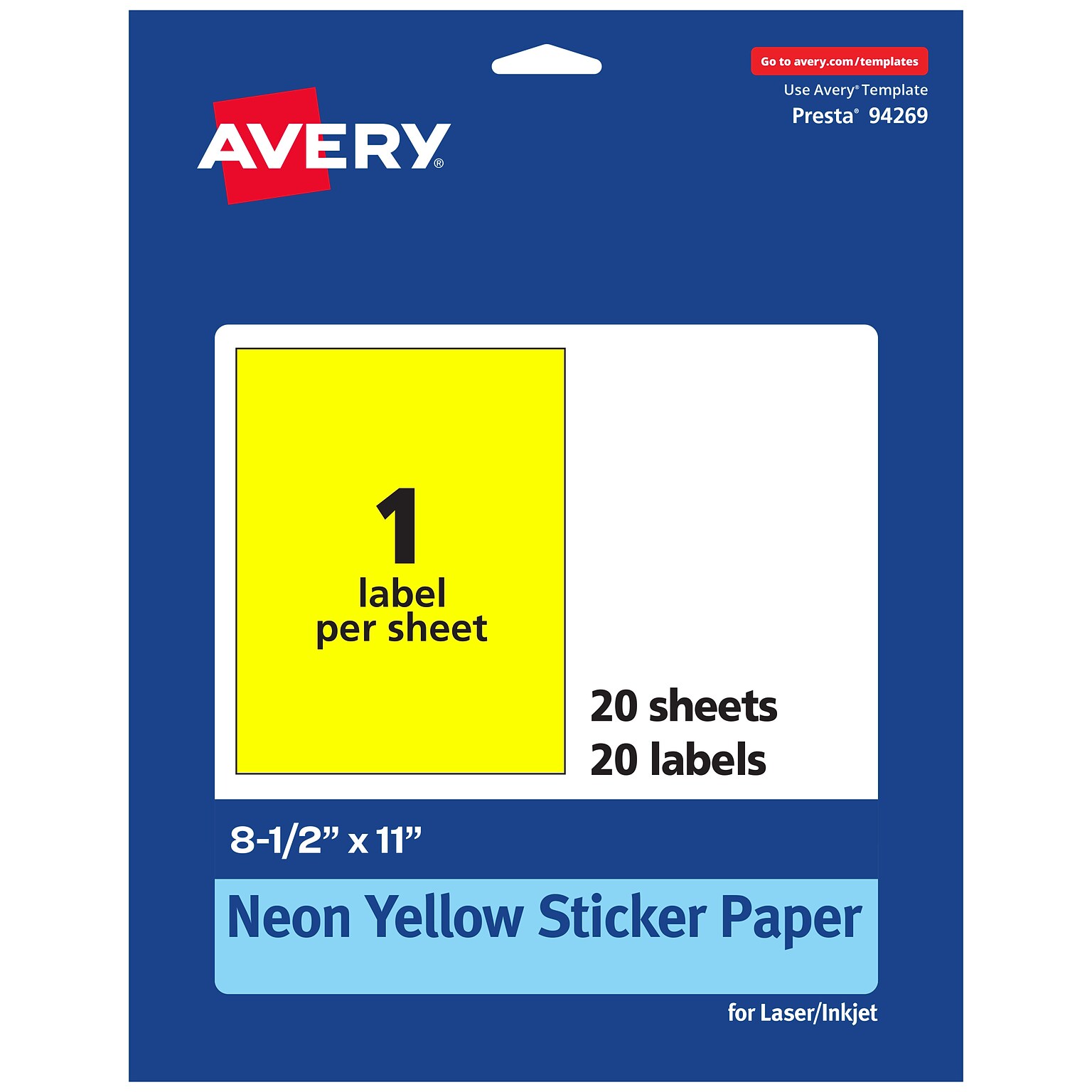 Avery Laser/Inkjet Multipurpose Rectangle Labels, 8.5 x 11, Neon Yellow, 20/Pack (94269)