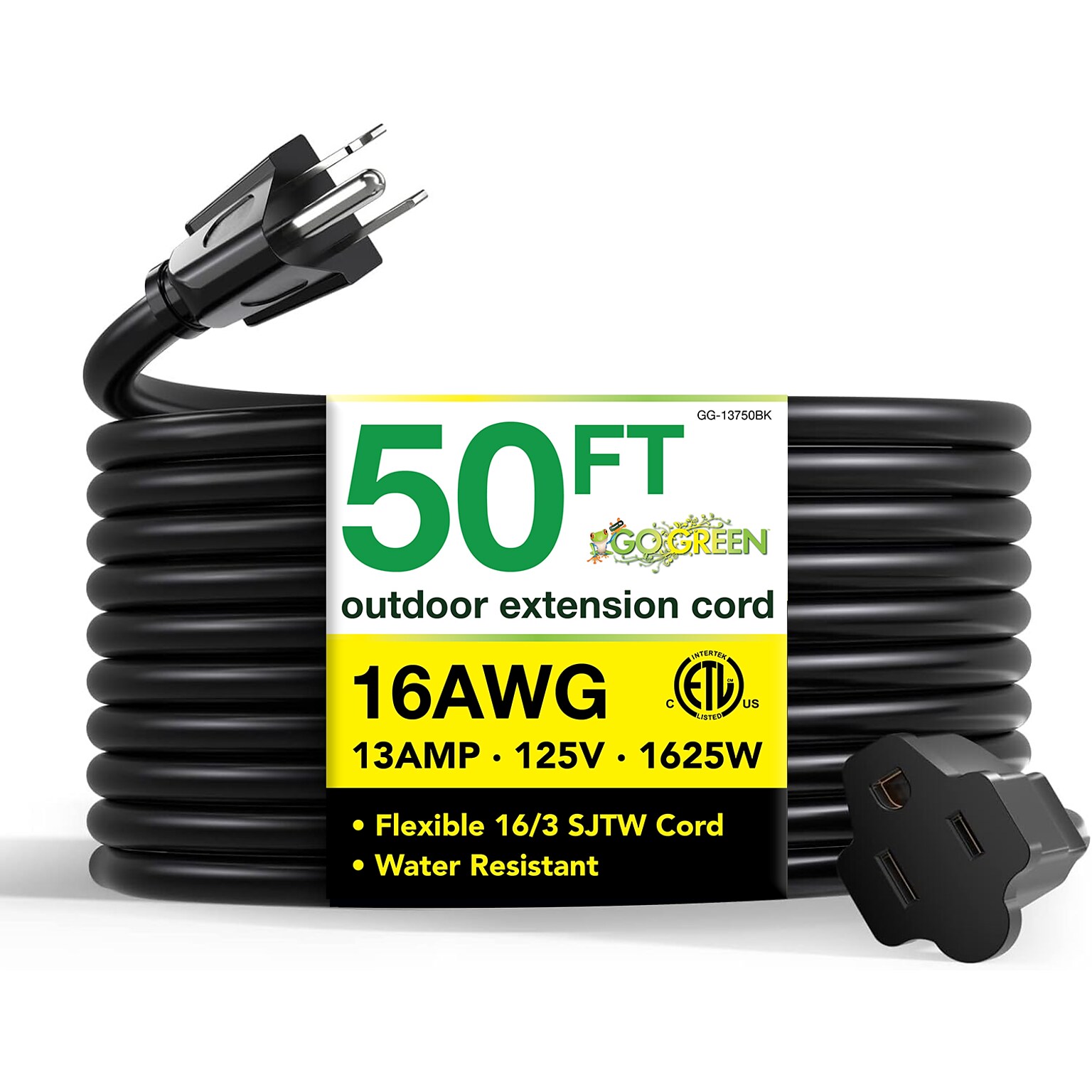 GoGreen Power 50 Indoor/Outdoor Extension Cord, 16 AWG, Black (GG-13750BK)