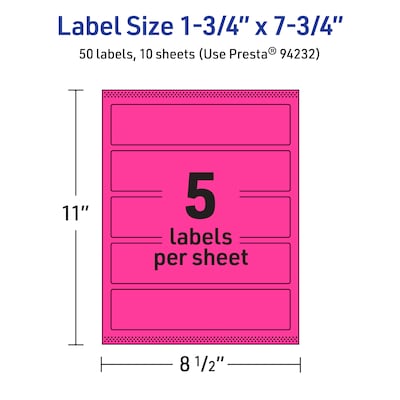 Avery Laser/Inkjet Rectangle Multipurpose Labels, 1.75" x 7.75", Neon Magenta, 50/Pack (94232)