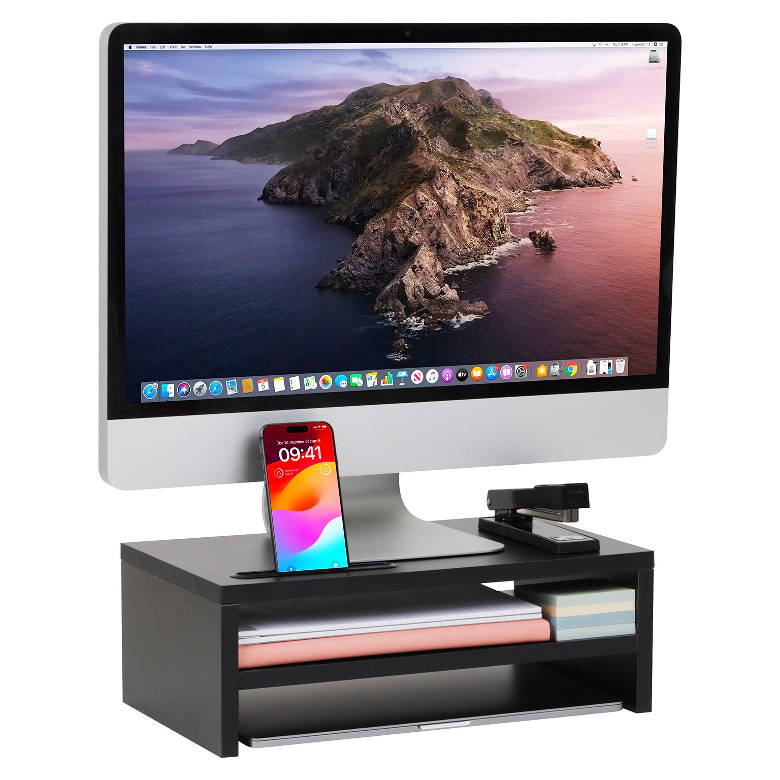 Mind Reader Monitor Stand with Phone Slot and Storage Shelf, Desktop Riser, Up to 88 lbs., Black (MDFSLOT-BLK)