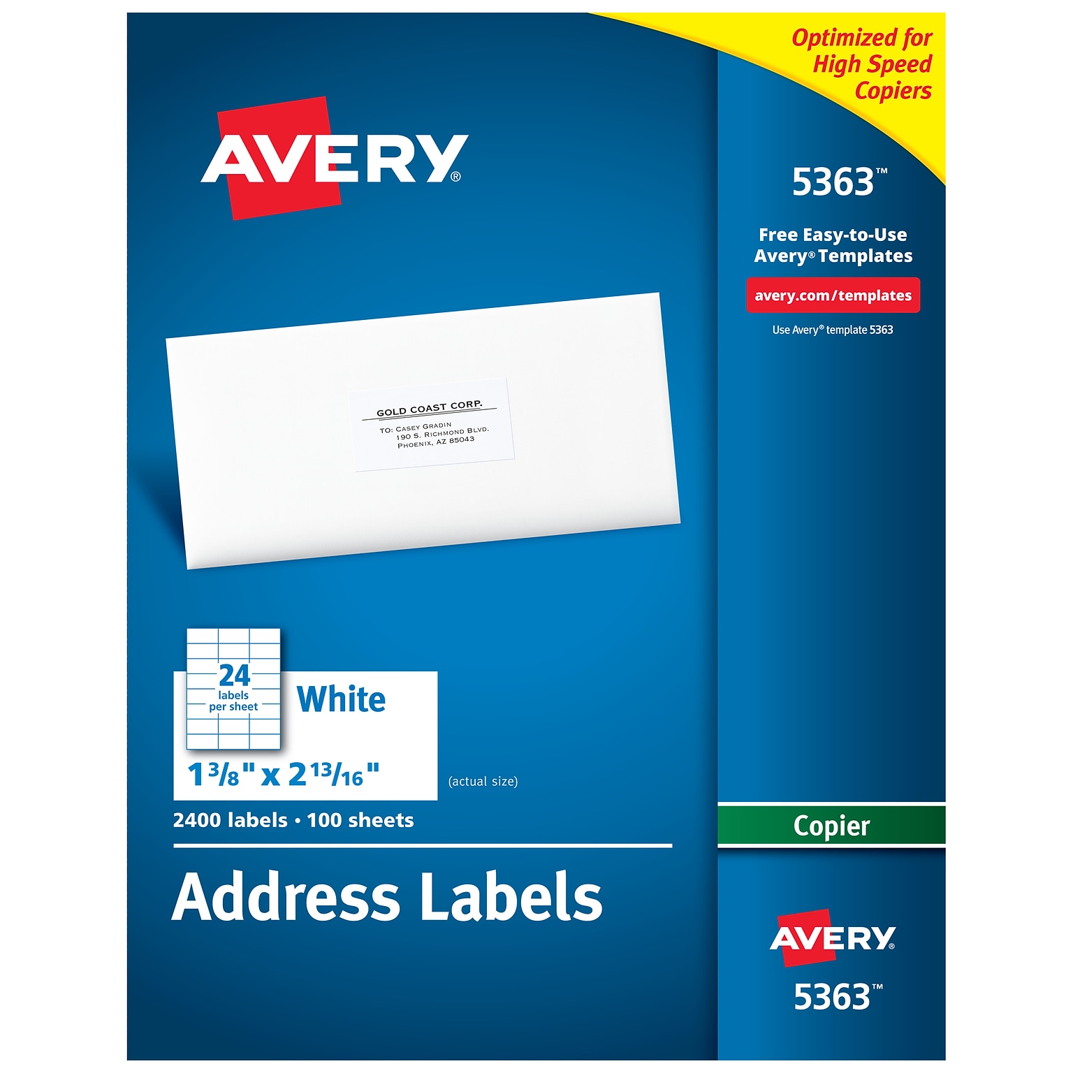 Avery Address Labels for Copiers 1-3/8 x 2-13/16, White, 24 Labels/Sheet, 100 Sheets/Box (5363)