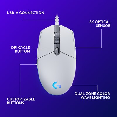 Logitech G203 Lightsync Gaming Optical USB Gaming Mouse, White (910-005791)