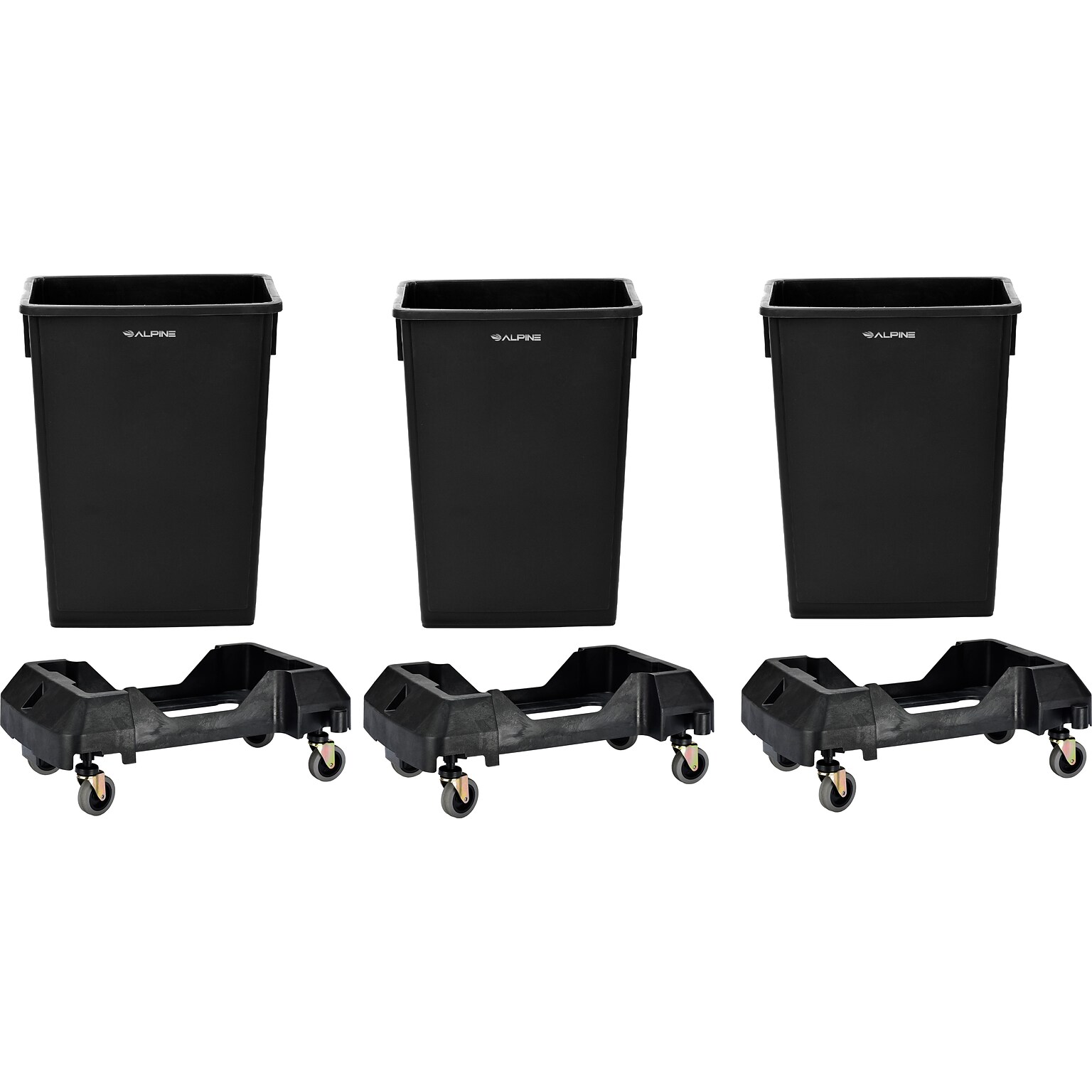 Alpine Industries Plastic Trash Can and Dolly, 69 Gallon, Black, 3/Pack (ALP477-BLK-3PKD)