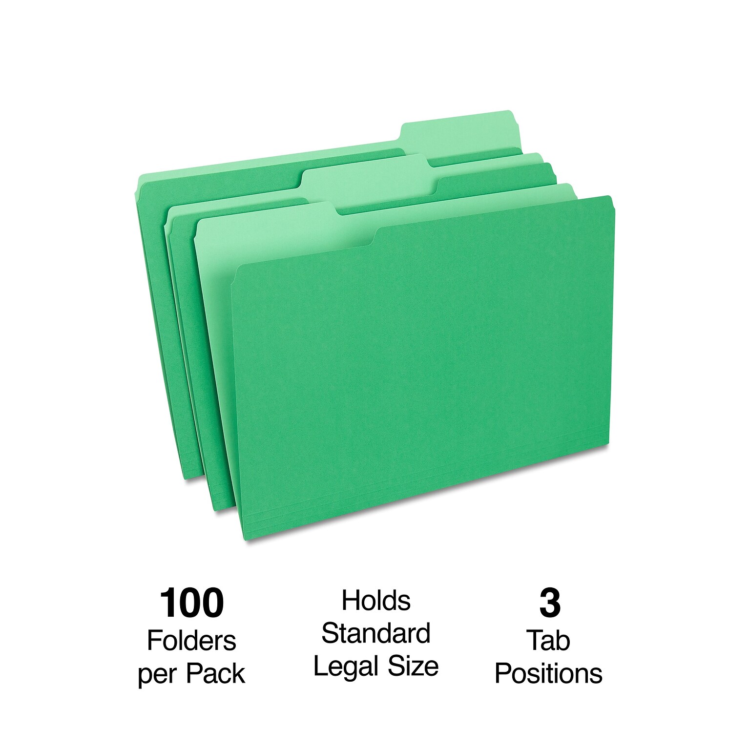 Staples Colored File Folders, Legal Size, 3-Tab Top-Tab Design, Green, Durable Paper Stock, 100/Pack