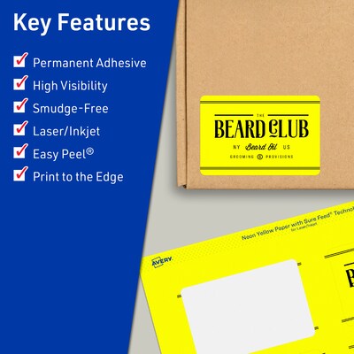 Avery Rectangle Multipurpose Labels, 2 x 3.75, Neon Yellow, 80/Pack (94240)