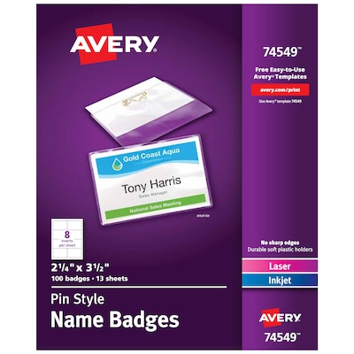 Avery Pin Style Laser/Inkjet Name Badge Kit, 2 1/4 x 3 1/2, Clear Holders with With Inserts, 100/B