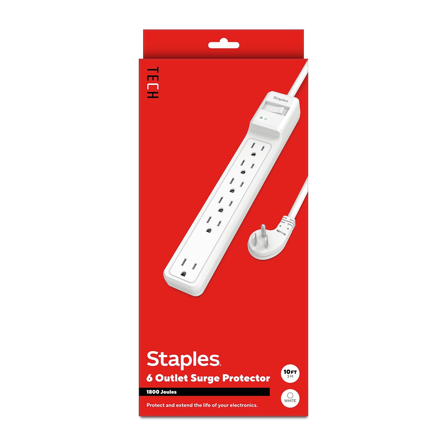 Staples TECH 6-Outlet Surge Protector, 10, 1800 Joules, White (ST62781)