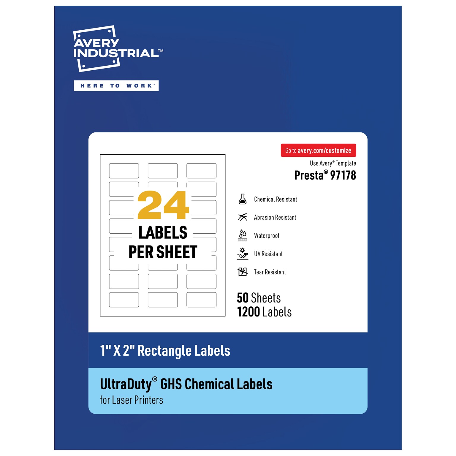 Avery Laser UltraDuty GHS Labels, 1 x 2, White, 1200 Labels/Box (97178)