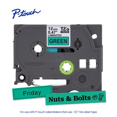 Brother P-touch Laminated Label Tape, 1/2" x 26.2', Black on Green (TZe731)