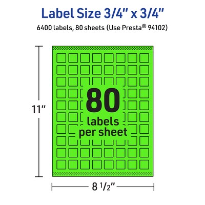 Avery Laser/Inkjet Multipurpose Square Labels, 0.75" x 0.75", Neon Green, 6400/Box (94102)