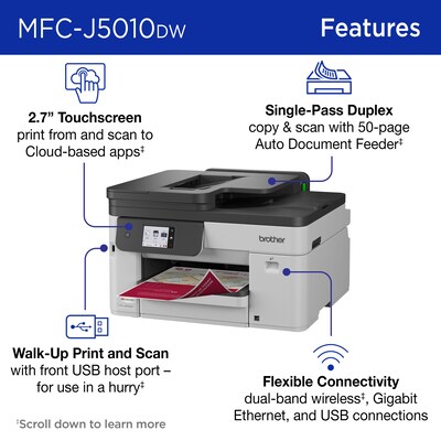 Brother INKvestment MFC-J5010DW Wireless Color All-In-One Inkjet Printer, Best for Home Office
