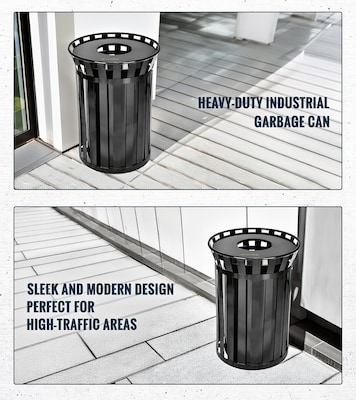 Alpine Industries Metal Outdoor Trash Can with Flat Lid and Liner, 38 Gallon, Black (479-38)