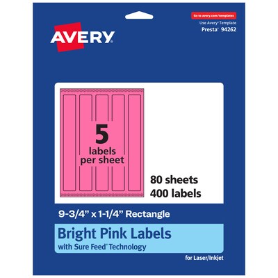 Avery Rectangle Laser/Inkjet Multipurpose Labels, 9.75 x 1.25, Bright Pink (400/Box)